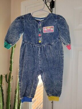 Vintage Playskool 1989 Denim One Piece Courful Buttons Toddler Romper Size 12M